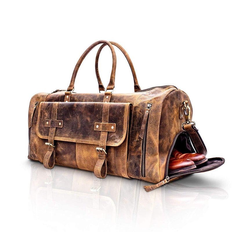 KomalC 24 Inch Leather Duffel Bags for Men and Women Full Grain Leather Travel Overnight Weekend Bags Sports Gym Duffle for Men (Brown Tan with shoe pocket) - Image 2